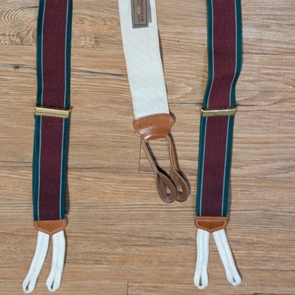 Trafalgar Mens Suspenders Striped Hunter Green Burgundy Button End Braces Y-Back - Picture 4 of 7
